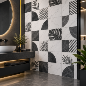 Modern Monochrome Geometric Marble Leaf Wall Tile Design