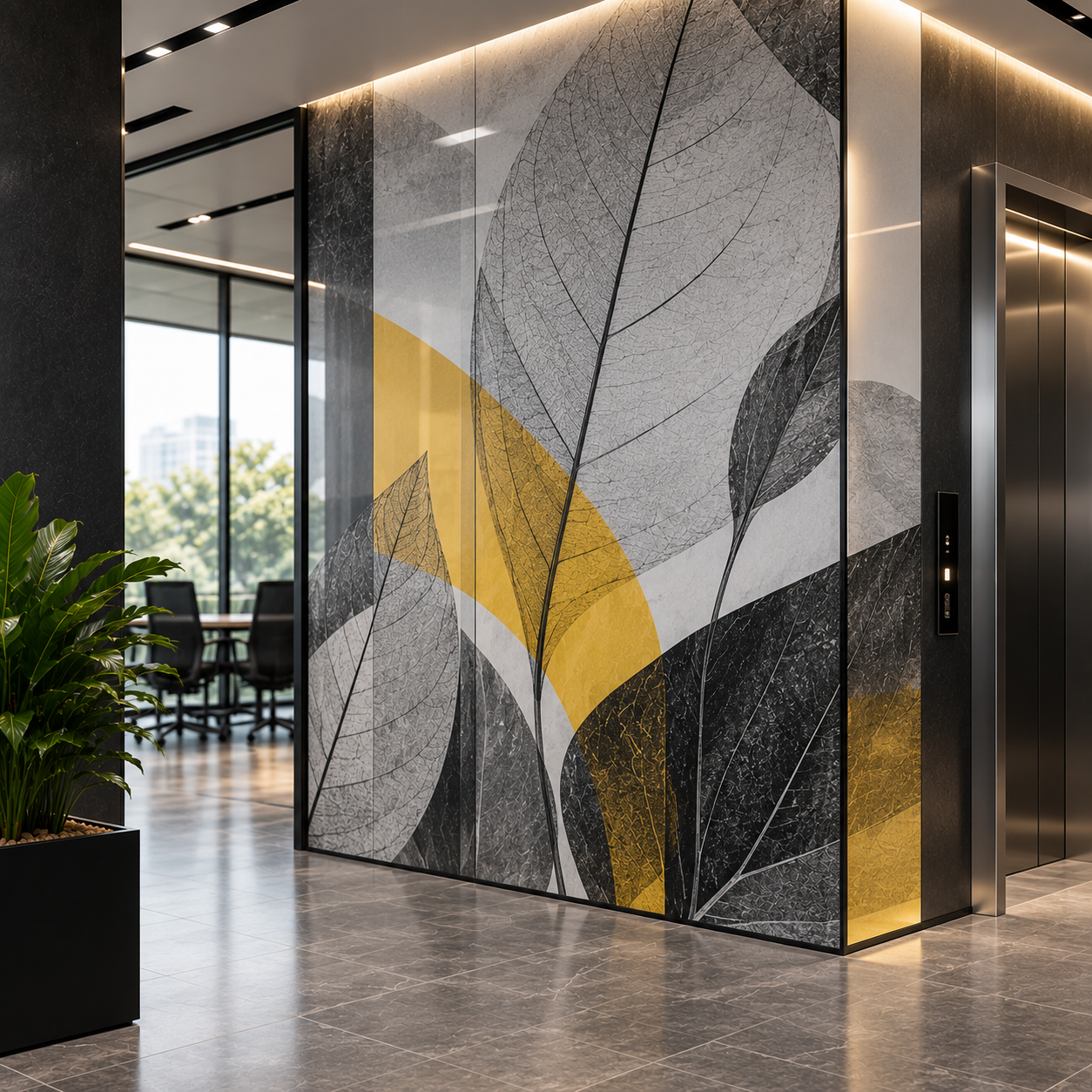 Monochrome Botanical Gold Leaf Decorative Wall Panel Design