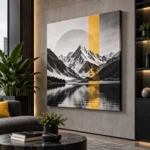 Black White Gold Mountain Landscape Canvas Wall Art